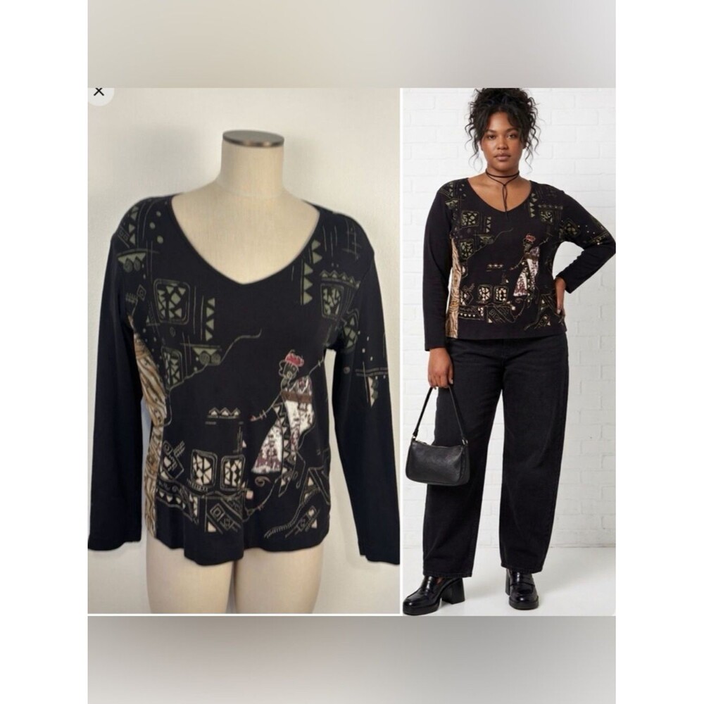 VTG 90s Y2K Chico's Womens L Wearable Art to Wear Geometric Abstraact Tribal Top